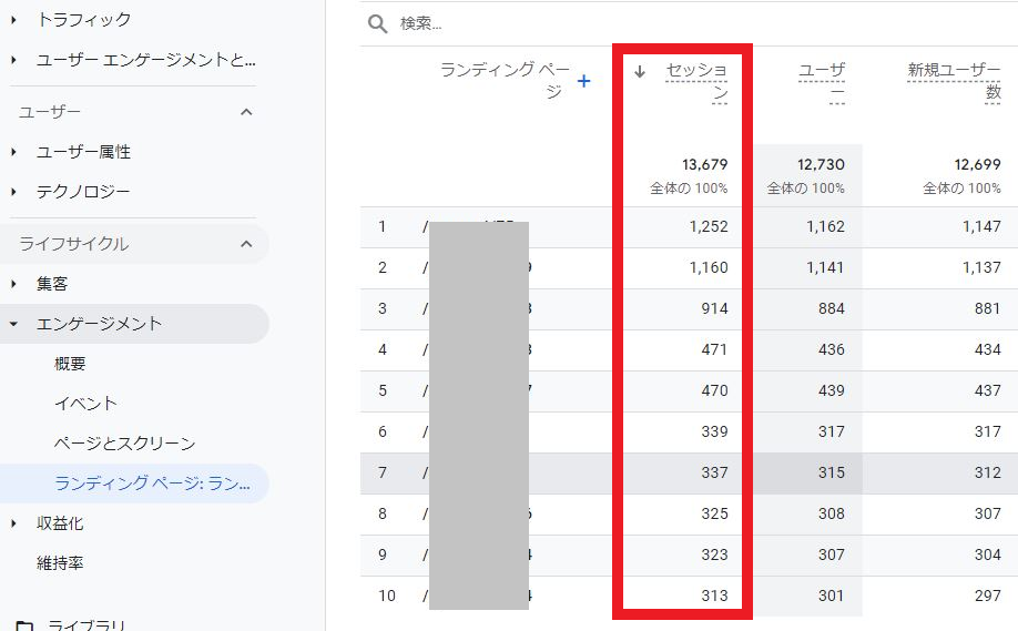 ランディングページ別のセッション数の確認方法