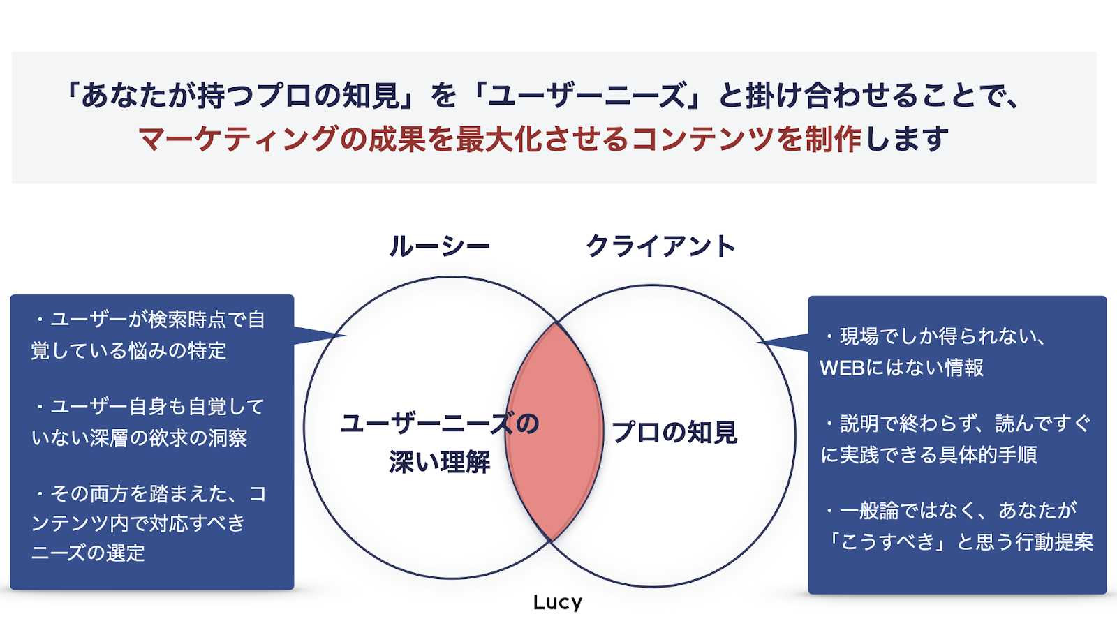 「あなたが持つプロの知見」を「ユーザーニーズ」と掛け合わせることで、マーケティングの成果を最大化させるコンテンツを制作します