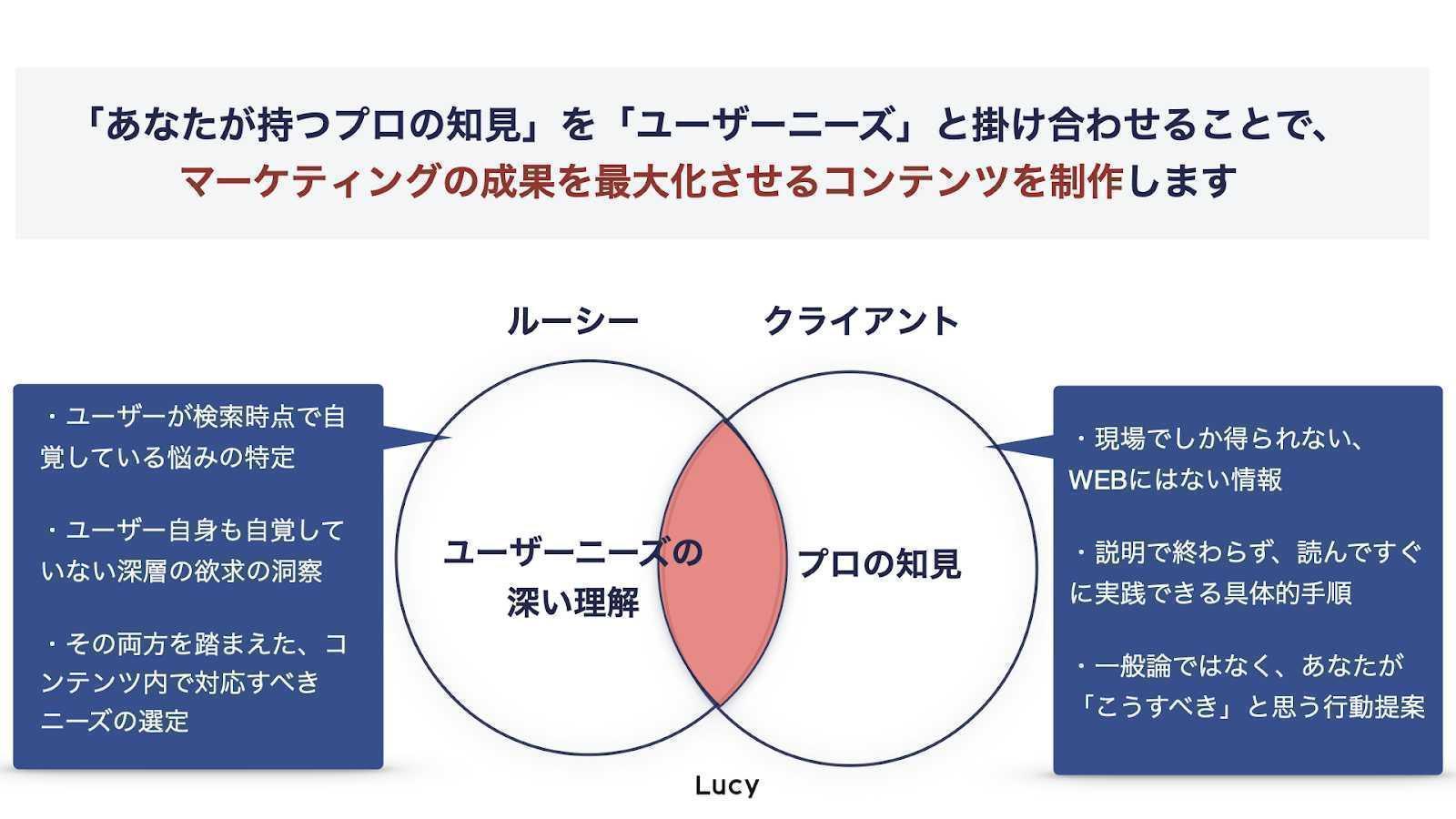 「あなたが持つプロの知見」を「ユーザーニーズ」と掛け合わせることで、マーケティングの成果を最大化させるコンテンツを制作します